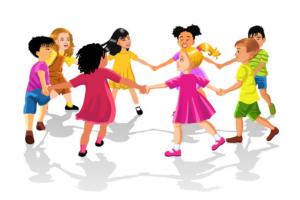 A computer graphic of children dancing in a ring